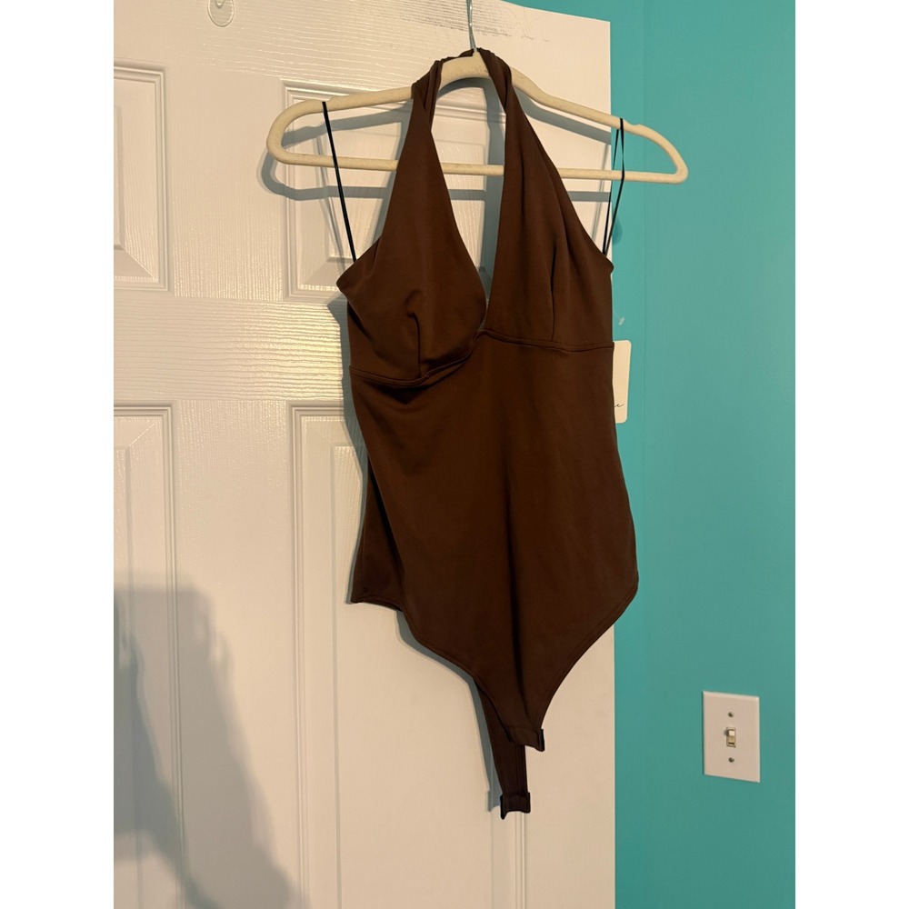 Gaze Brown Halter V-Neck Cowl Back Bodysuit Medium NWT